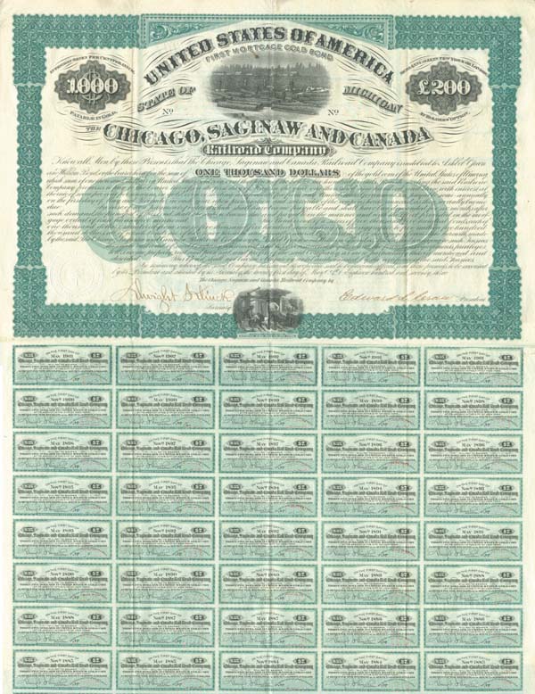 Chicago, Saginaw and Canada Railroad Co. - 1873 dated $1,000 Railway Gold Bond